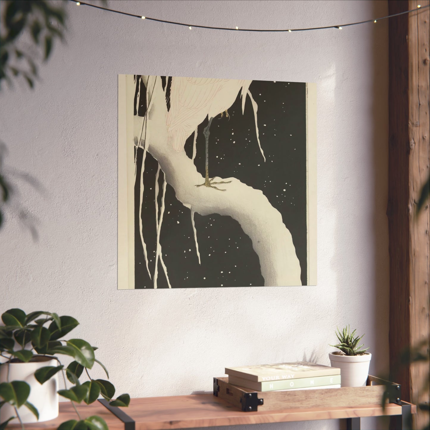 Heron on Snowy Branch at Night