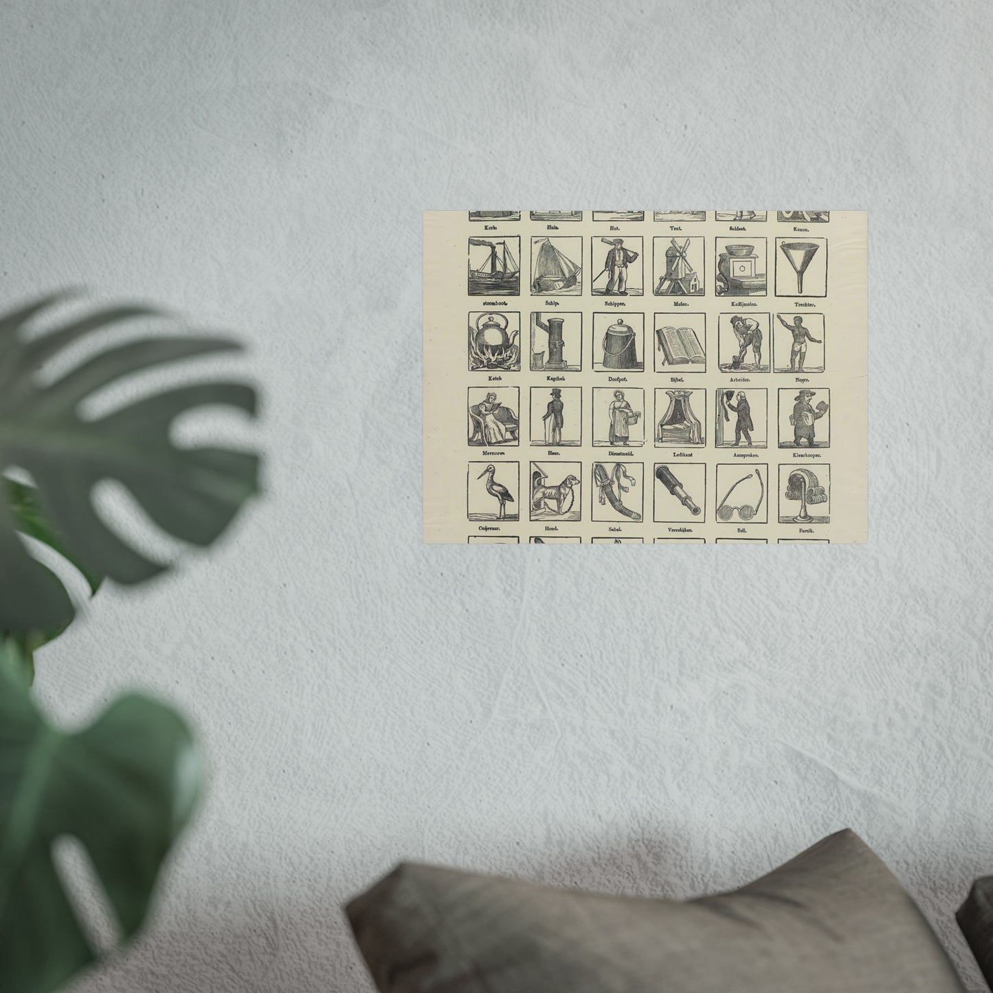 Sheet with 36 Illustrations of Objects, Buildings, Animals, and Figures