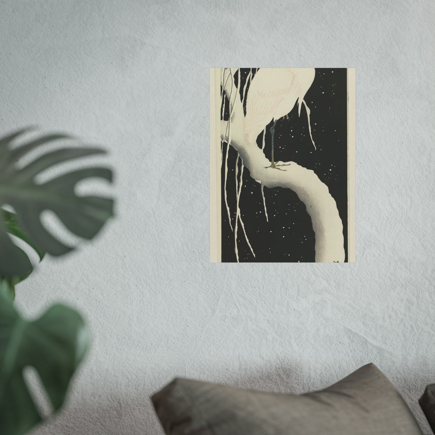 Heron on Snowy Branch at Night