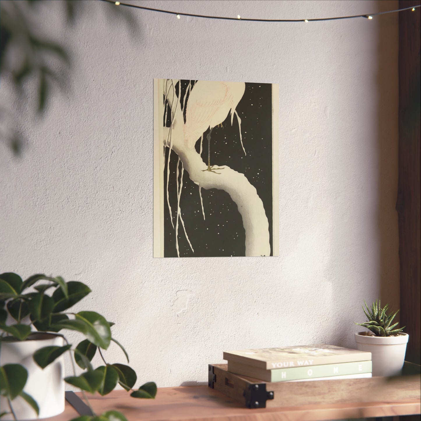 Heron on Snowy Branch at Night