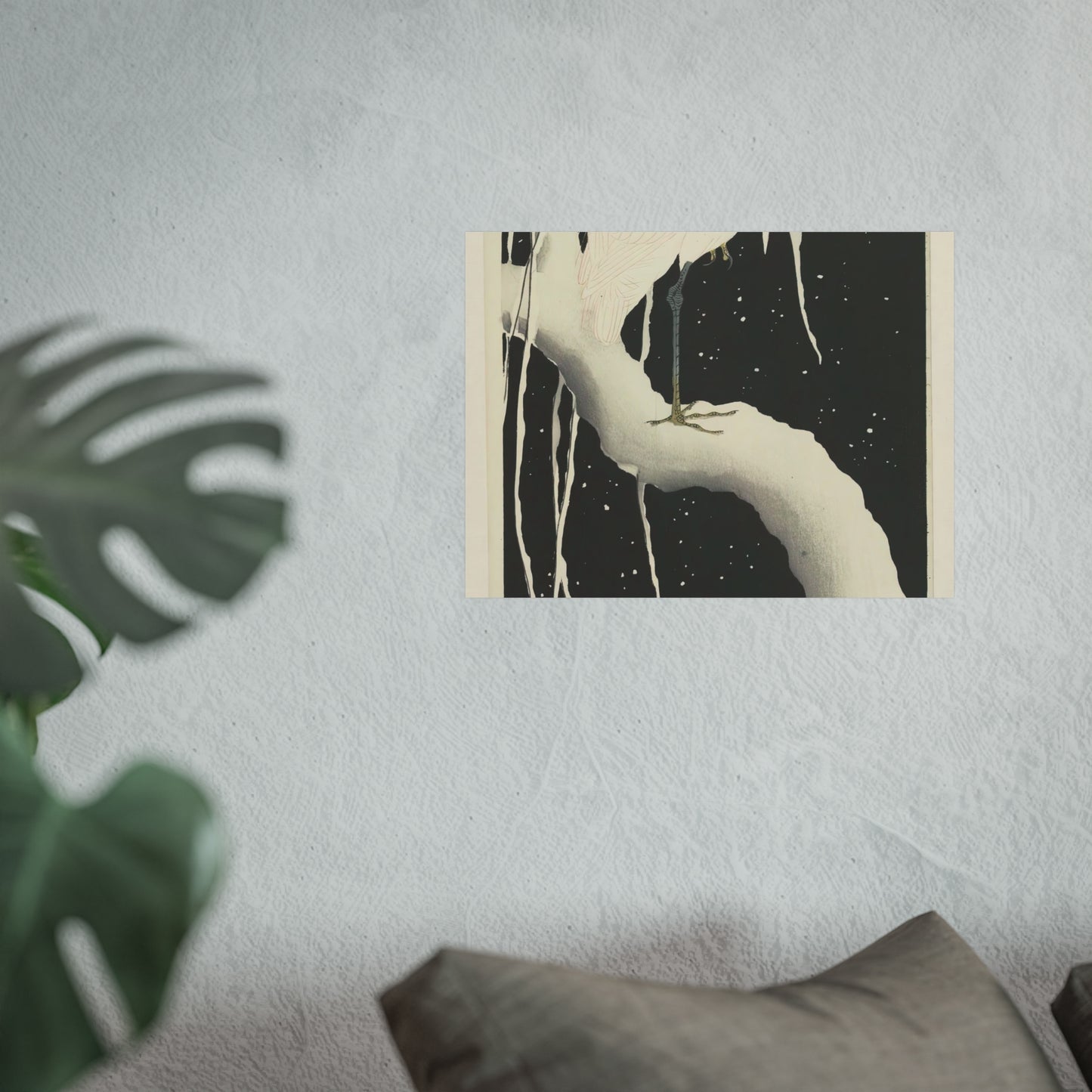 Heron on Snowy Branch at Night