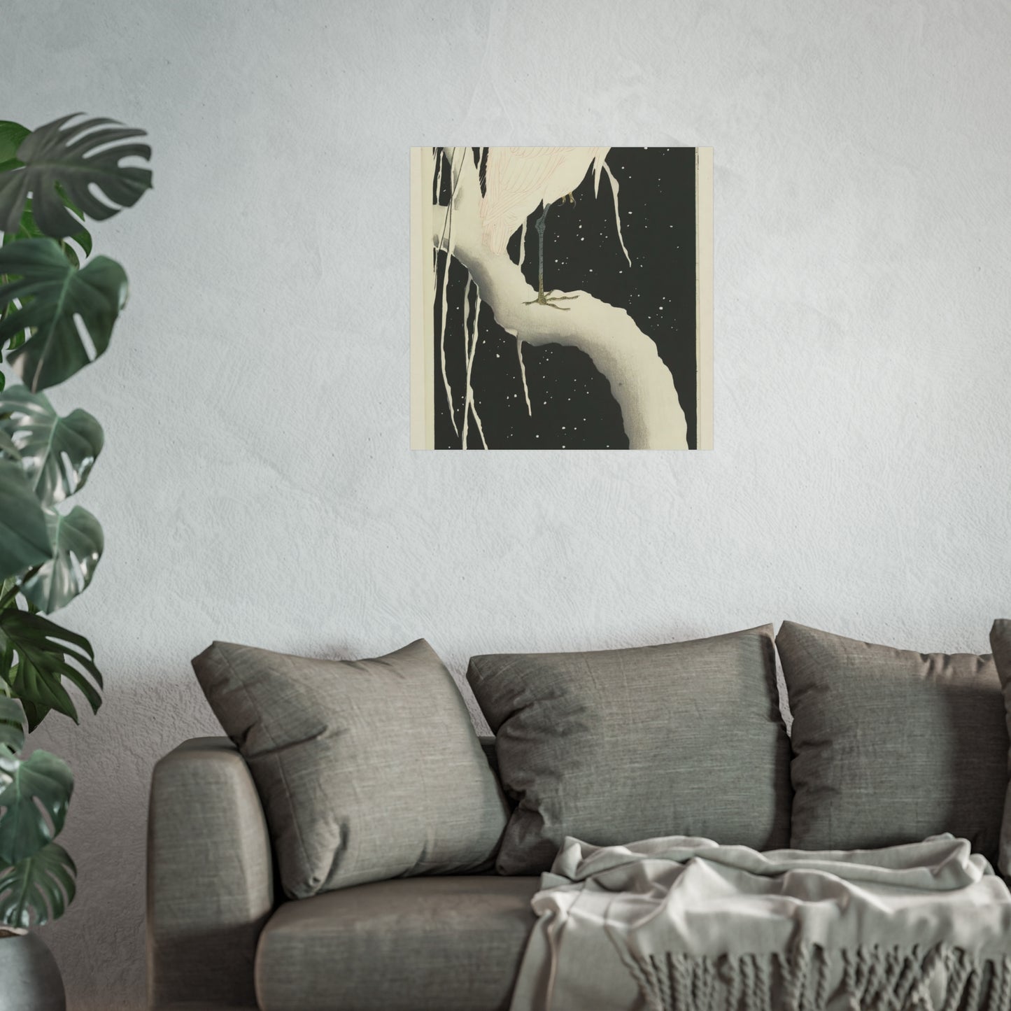 Heron on Snowy Branch at Night