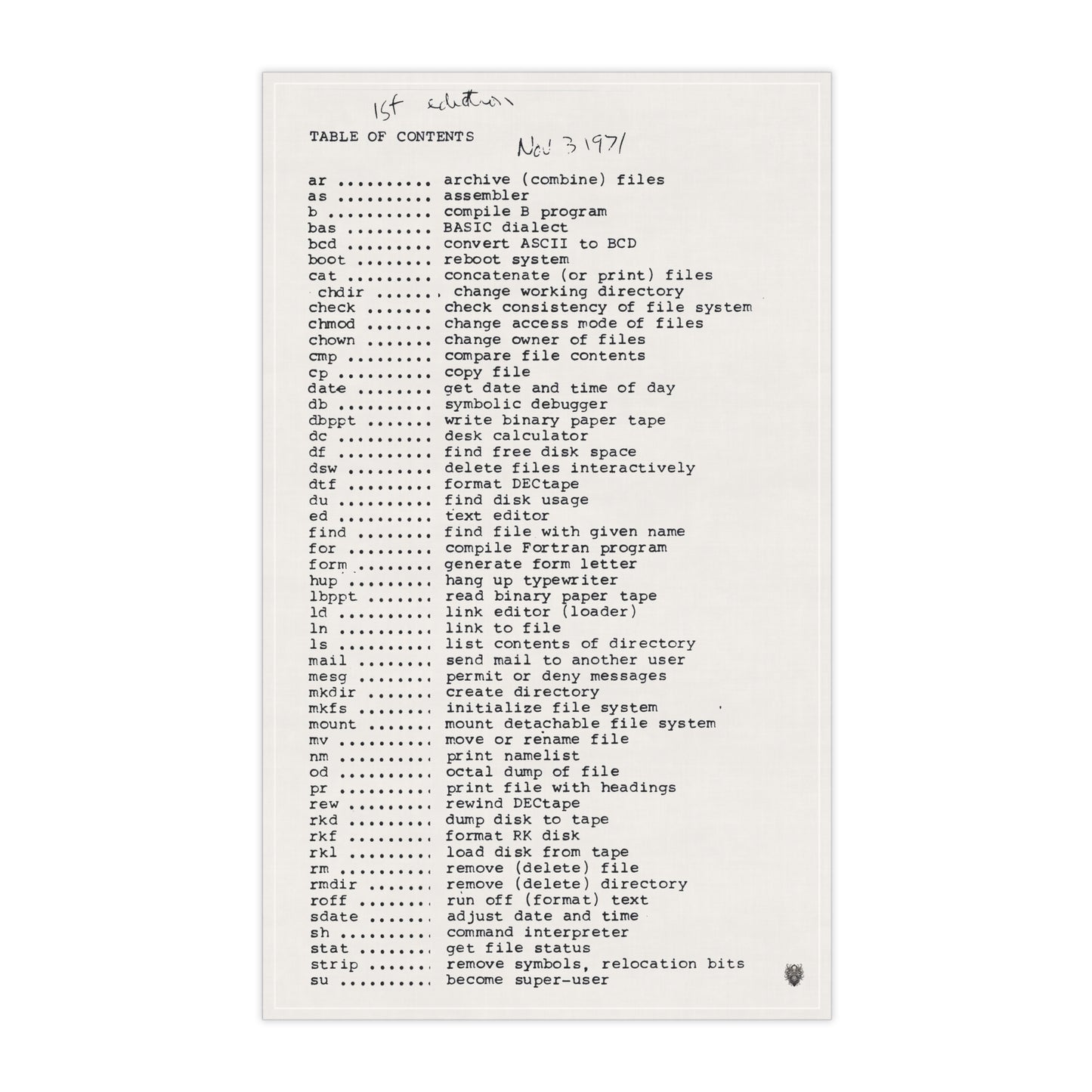 Unix 1971: Tea towel with commands