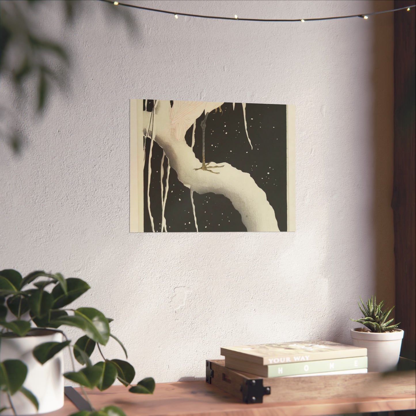 Heron on Snowy Branch at Night