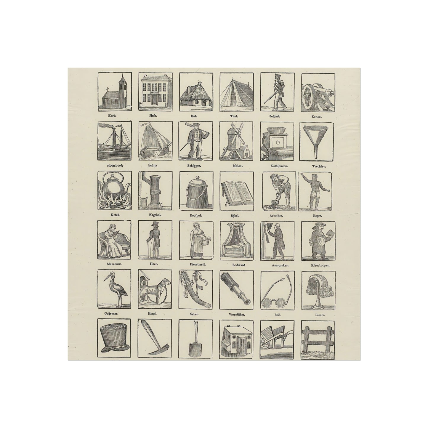 Sheet with 36 Illustrations of Objects, Buildings, Animals, and Figures