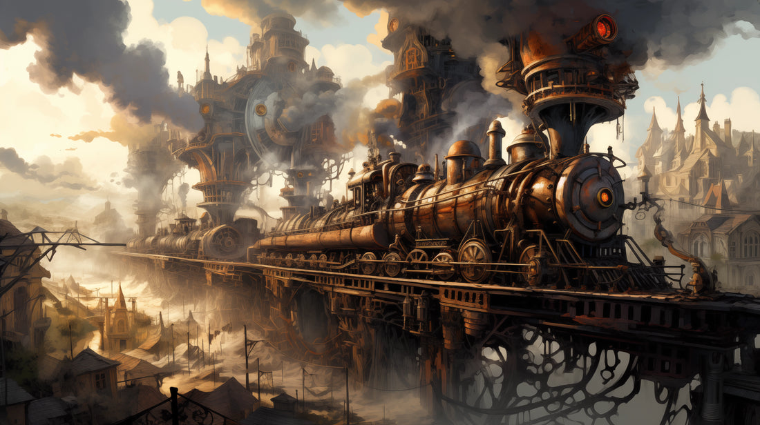 Steampunk city and steam engine
