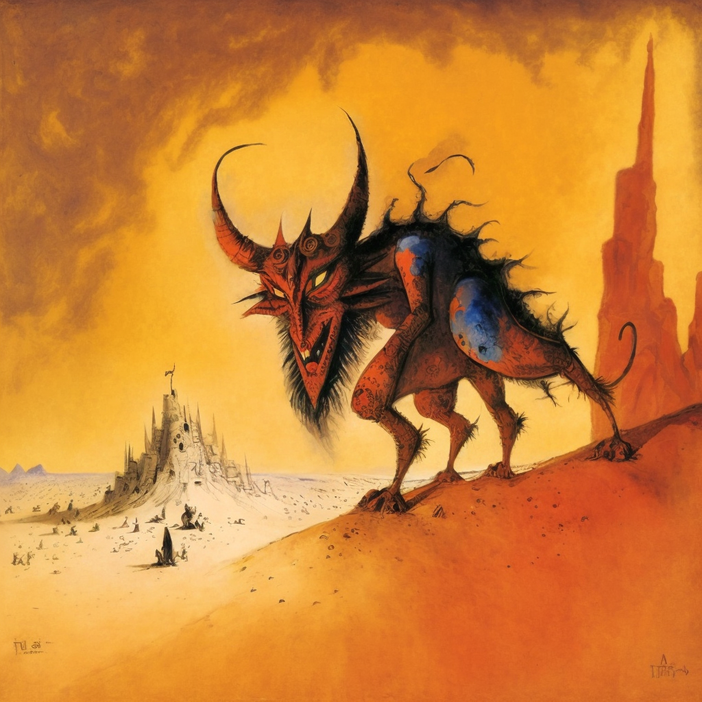 A drawing of a demon in the desert