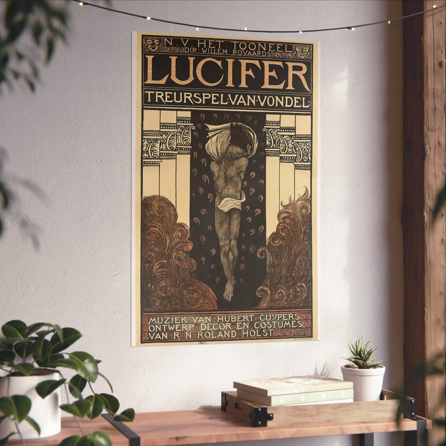 Poster for Vondel's Play 'Lucifer' by N.V. The Theatre. Directed by Willem Royaards. Music by Hubert Cuyper. Design, Set, and Costumes by R.N. Roland Holst