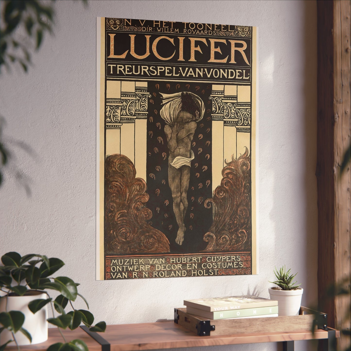 Poster for Vondel's Play 'Lucifer' by N.V. The Theatre. Directed by Willem Royaards. Music by Hubert Cuyper. Design, Set, and Costumes by R.N. Roland Holst