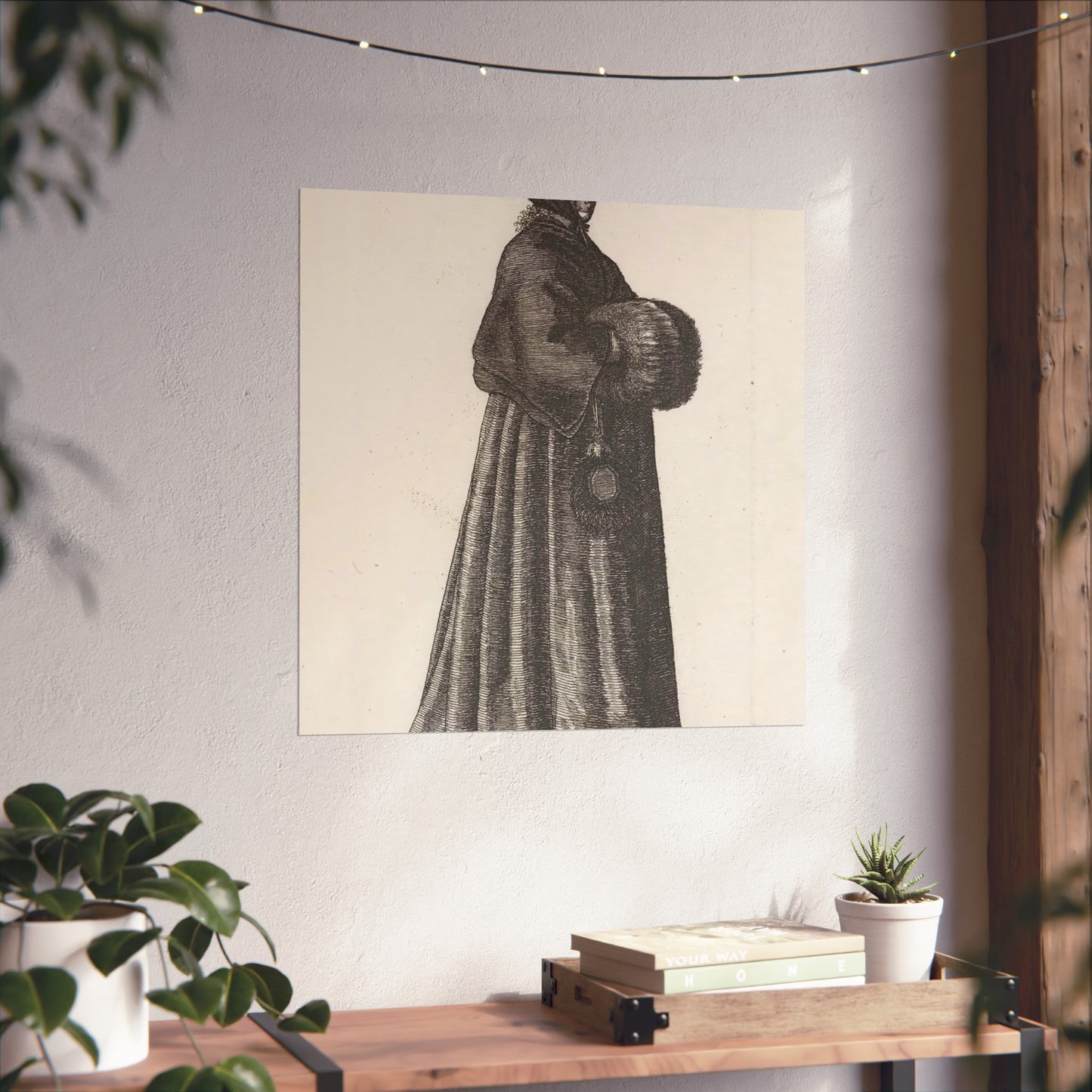 Elegant English Lady in Dark Cloak with Feathered Fan