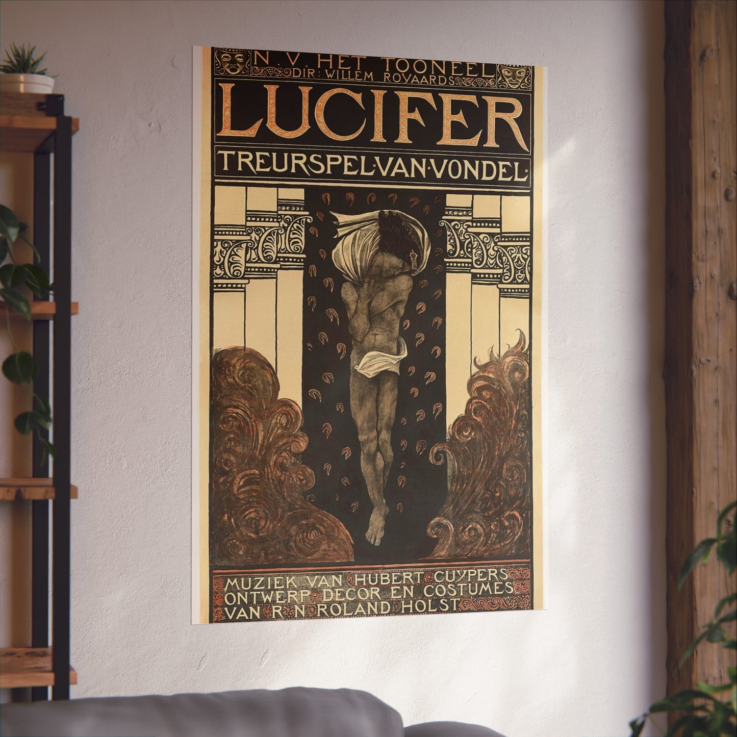 Poster for Vondel's Play 'Lucifer' by N.V. The Theatre. Directed by Willem Royaards. Music by Hubert Cuyper. Design, Set, and Costumes by R.N. Roland Holst