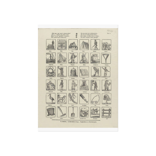 Sheet with 36 Illustrations of Objects, Buildings, Animals, and Figures