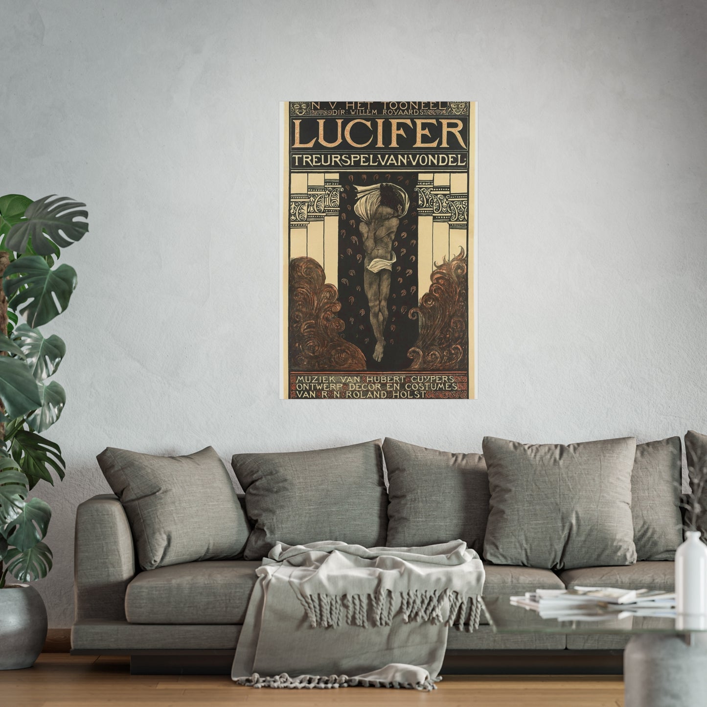 Poster for Vondel's Play 'Lucifer' by N.V. The Theatre. Directed by Willem Royaards. Music by Hubert Cuyper. Design, Set, and Costumes by R.N. Roland Holst