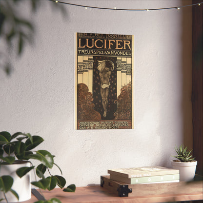 Poster for Vondel's Play 'Lucifer' by N.V. The Theatre. Directed by Willem Royaards. Music by Hubert Cuyper. Design, Set, and Costumes by R.N. Roland Holst