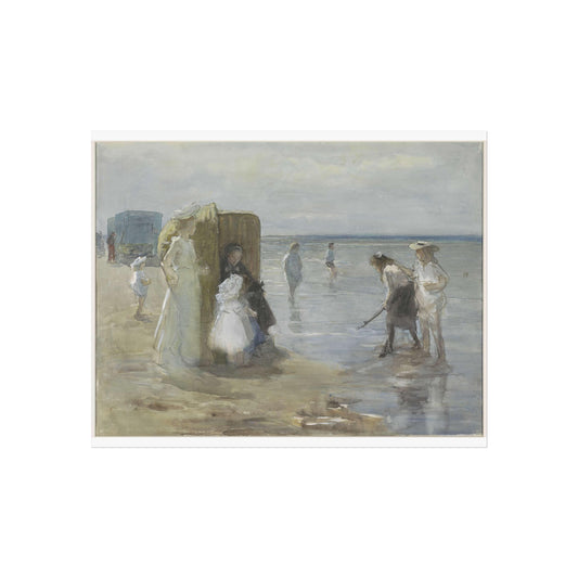 View Along the Shoreline at Scheveningen Beach, with Two Ladies and Children