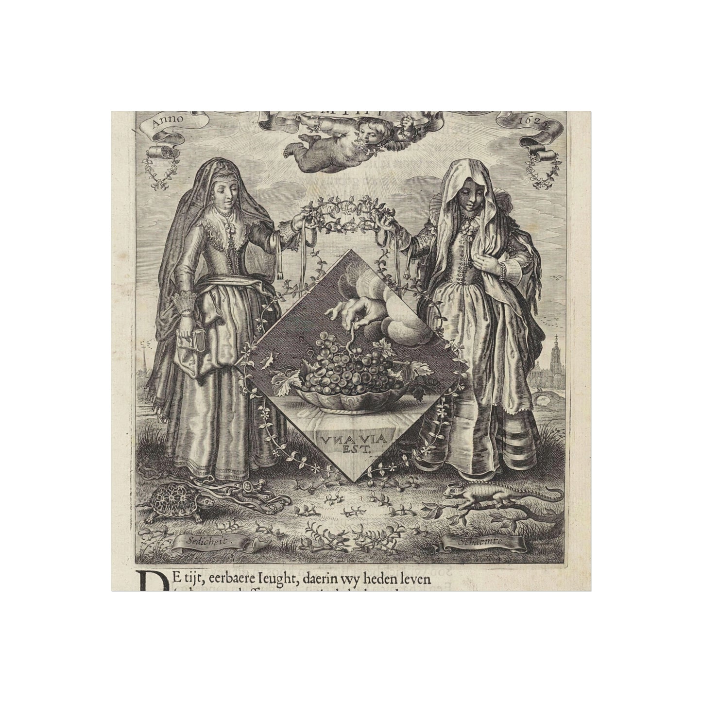 Two Women Flanking an Emblem with a Hand Grasping a Bunch of Grapes