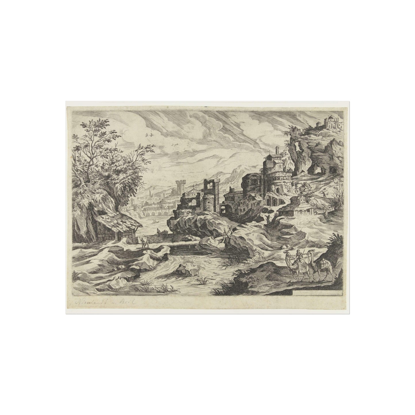 Rocky Coast with City and Man with Two Camels or Dromedaries