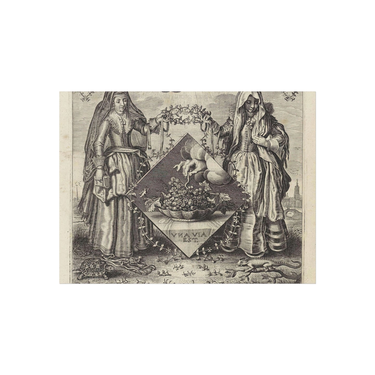 Two Women Flanking an Emblem with a Hand Grasping a Bunch of Grapes