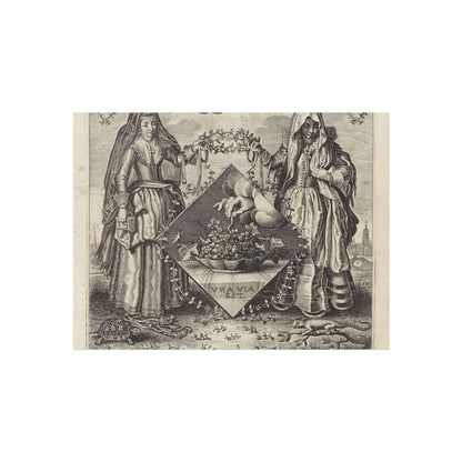 Two women flank an emblem with a hand grasping a bunch of grapes