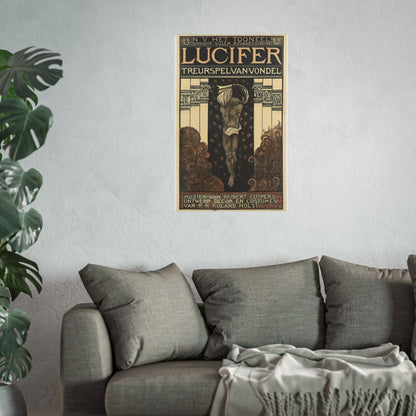 Poster for Vondel's Play 'Lucifer' by N.V. The Theatre. Directed by Willem Royaards. Music by Hubert Cuyper. Design, Set, and Costumes by R.N. Roland Holst