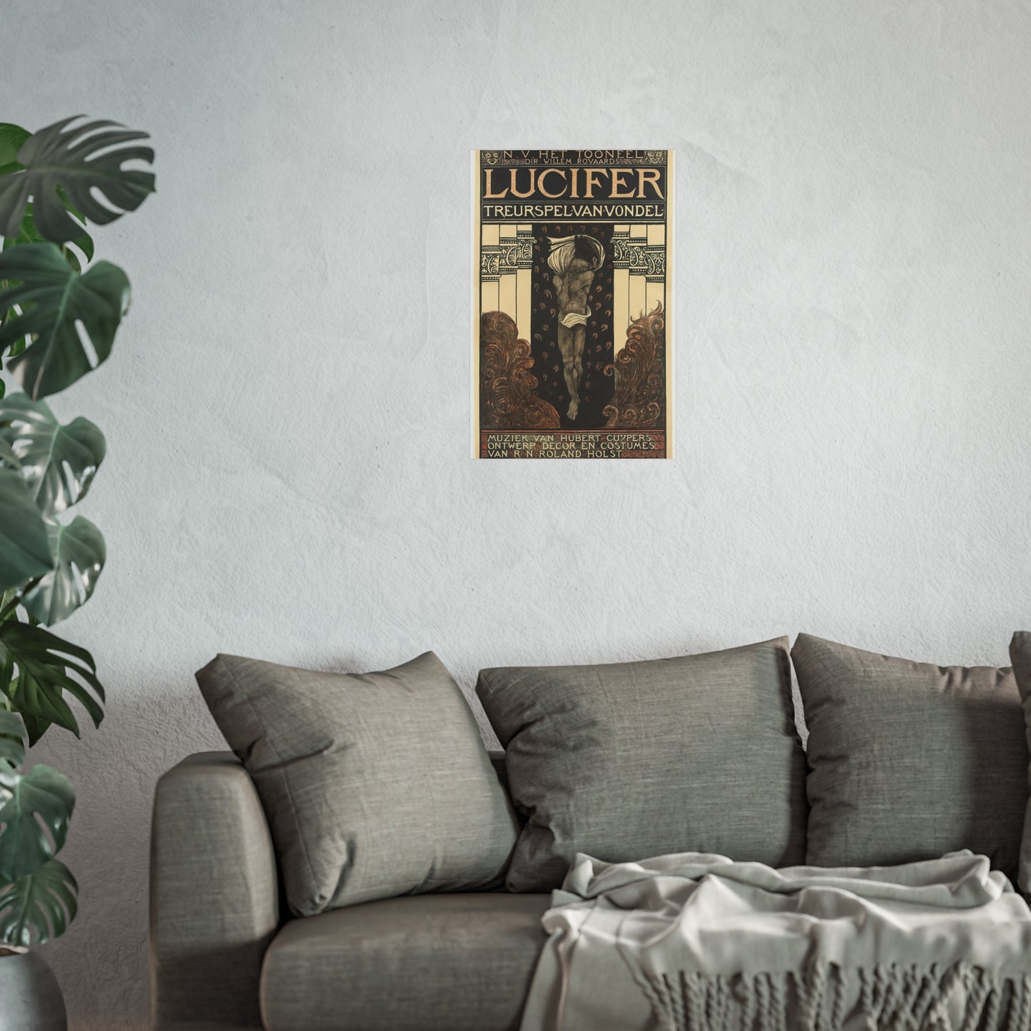 Poster for Vondel's Play 'Lucifer' by N.V. The Theatre. Directed by Willem Royaards. Music by Hubert Cuyper. Design, Set, and Costumes by R.N. Roland Holst