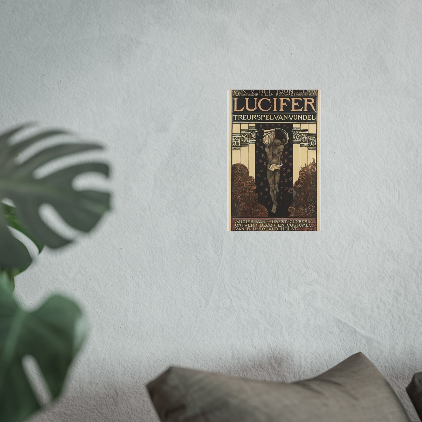 Poster for Vondel's Play 'Lucifer' by N.V. The Theatre. Directed by Willem Royaards. Music by Hubert Cuyper. Design, Set, and Costumes by R.N. Roland Holst