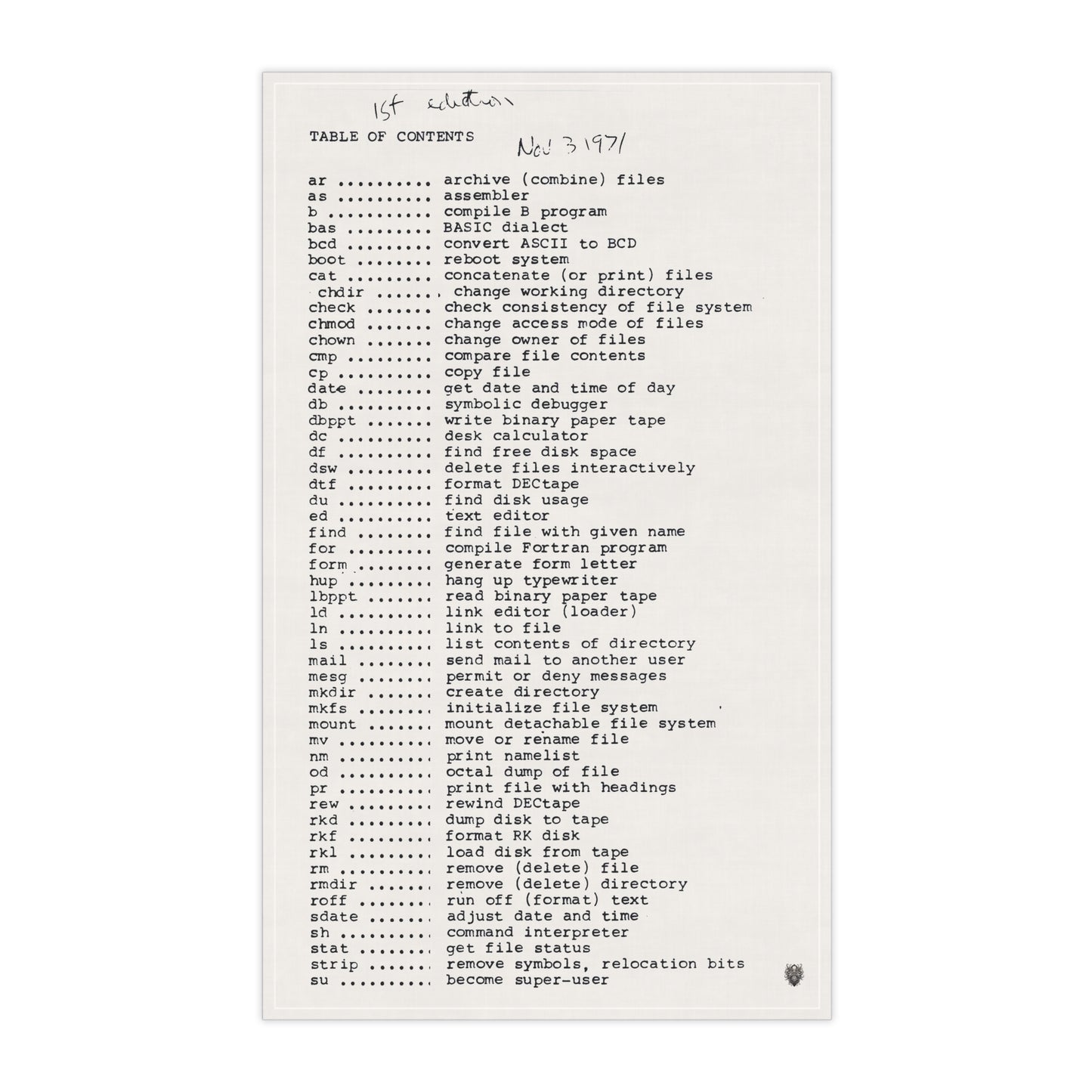 Unix 1971: Tea towel with commands