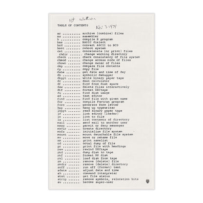 Unix 1971: Tea towel with commands