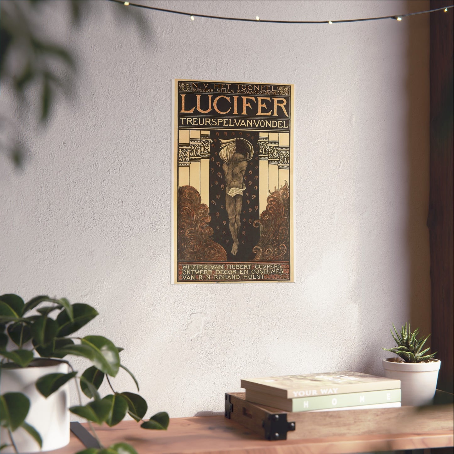 Poster for Vondel's Play 'Lucifer' by N.V. The Theatre. Directed by Willem Royaards. Music by Hubert Cuyper. Design, Set, and Costumes by R.N. Roland Holst