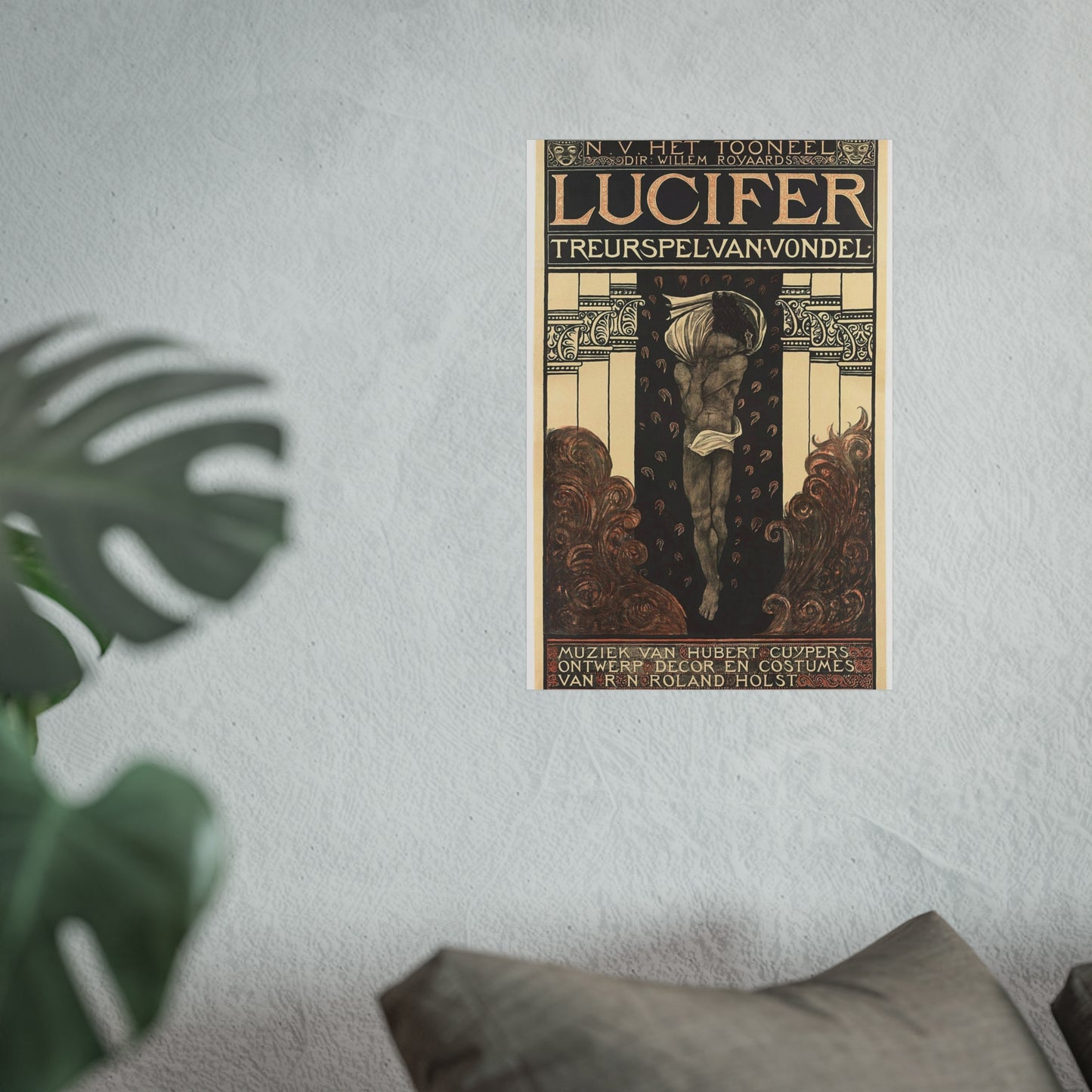 Poster for Vondel's Play 'Lucifer' by N.V. The Theatre. Directed by Willem Royaards. Music by Hubert Cuyper. Design, Set, and Costumes by R.N. Roland Holst