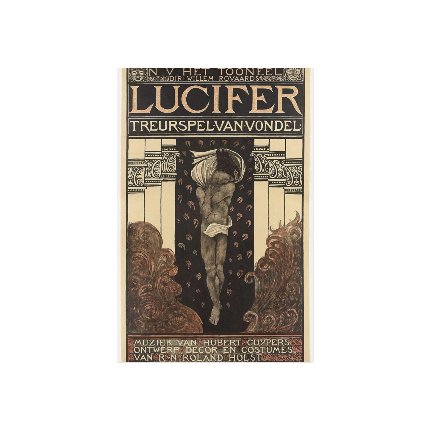 Poster for Vondel's Play 'Lucifer' by N.V. The Theatre. Directed by Willem Royaards. Music by Hubert Cuyper. Design, Set, and Costumes by R.N. Roland Holst