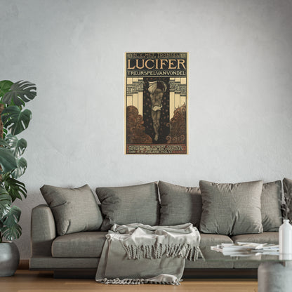 Poster for Vondel's Play 'Lucifer' by N.V. The Theatre. Directed by Willem Royaards. Music by Hubert Cuyper. Design, Set, and Costumes by R.N. Roland Holst