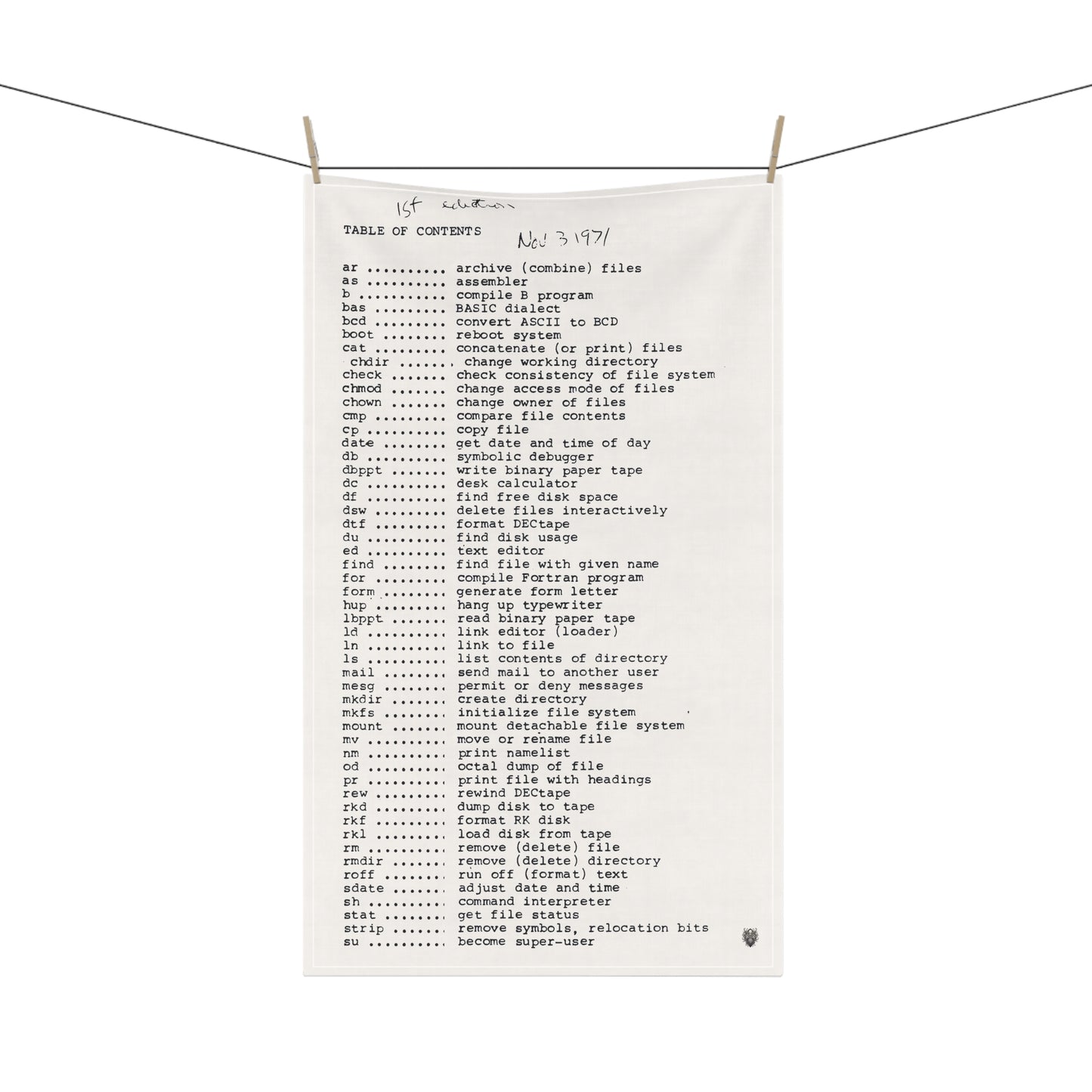 Unix 1971: Tea towel with commands