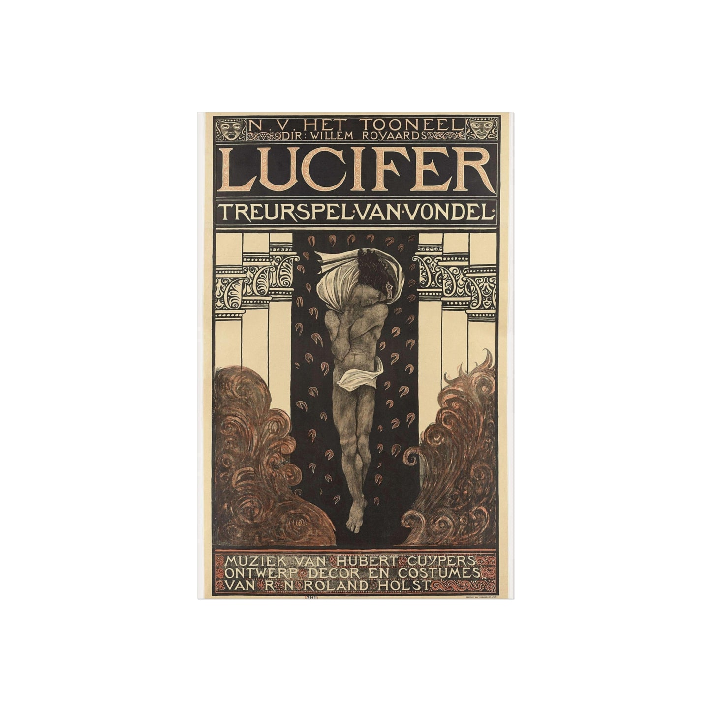 Poster for Vondel's Play 'Lucifer' by N.V. The Theatre. Directed by Willem Royaards. Music by Hubert Cuyper. Design, Set, and Costumes by R.N. Roland Holst