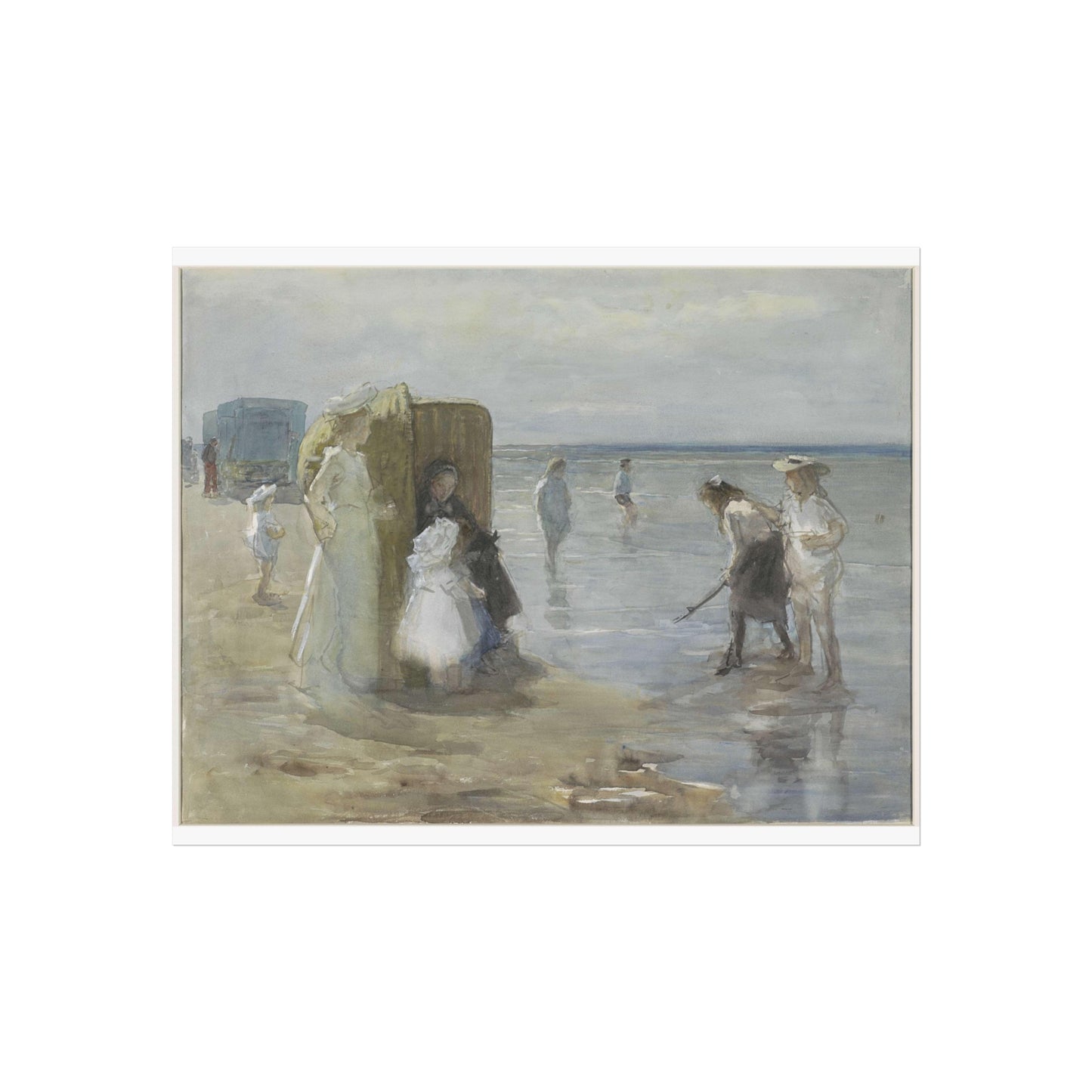 View along the Shoreline at Scheveningen Beach, with Two Ladies and Children