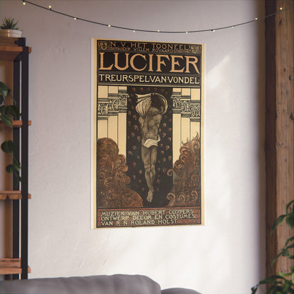 Poster for Vondel's Play 'Lucifer' by N.V. The Theatre. Directed by Willem Royaards. Music by Hubert Cuyper. Design, Set, and Costumes by R.N. Roland Holst