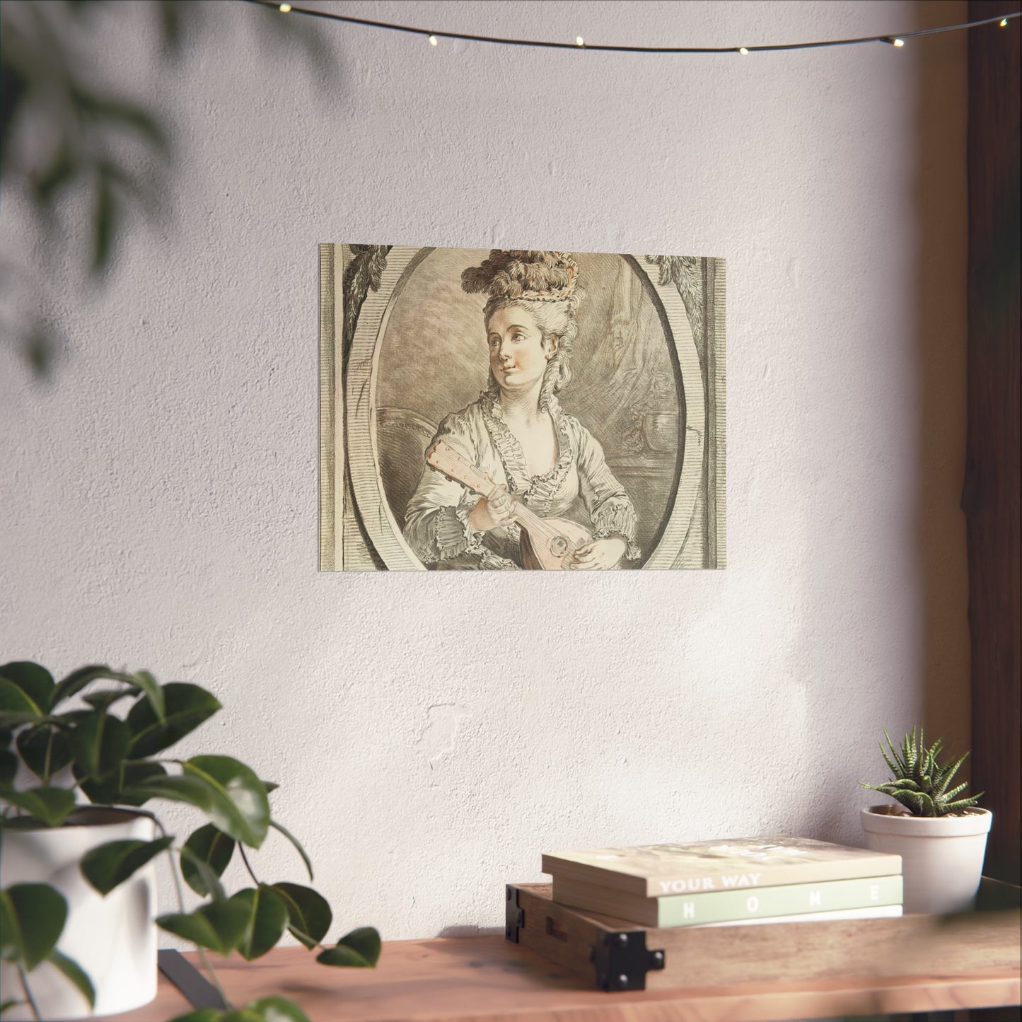 Woman Playing Music in an Oval Frame