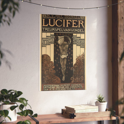 Poster for Vondel's Play 'Lucifer' by N.V. The Theatre. Directed by Willem Royaards. Music by Hubert Cuyper. Design, Set, and Costumes by R.N. Roland Holst