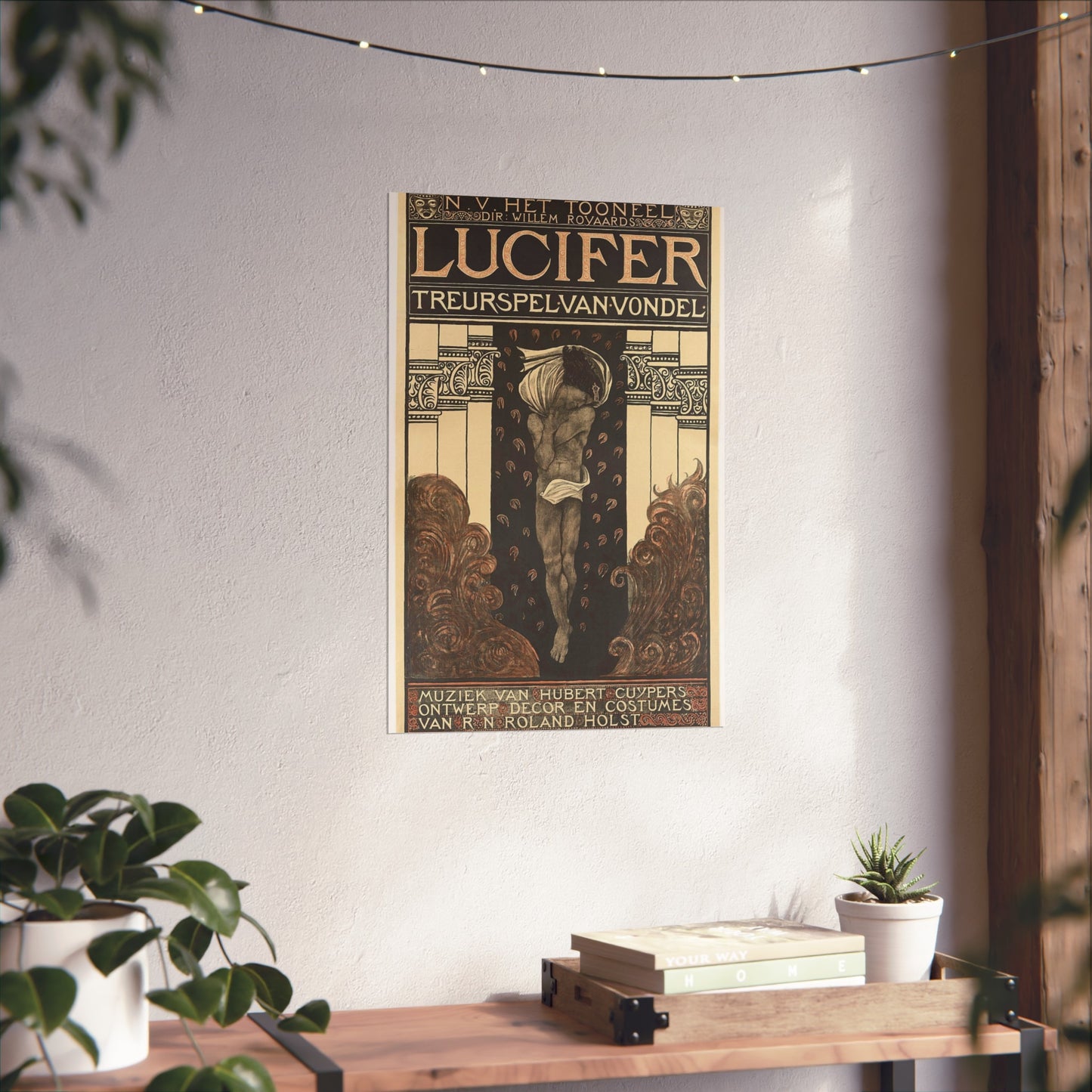 Poster for Vondel's Play 'Lucifer' by N.V. The Theatre. Directed by Willem Royaards. Music by Hubert Cuyper. Design, Set, and Costumes by R.N. Roland Holst