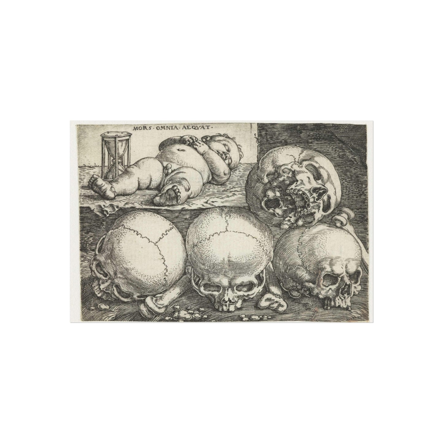 Sleeping Child with Hourglass and Four Skulls